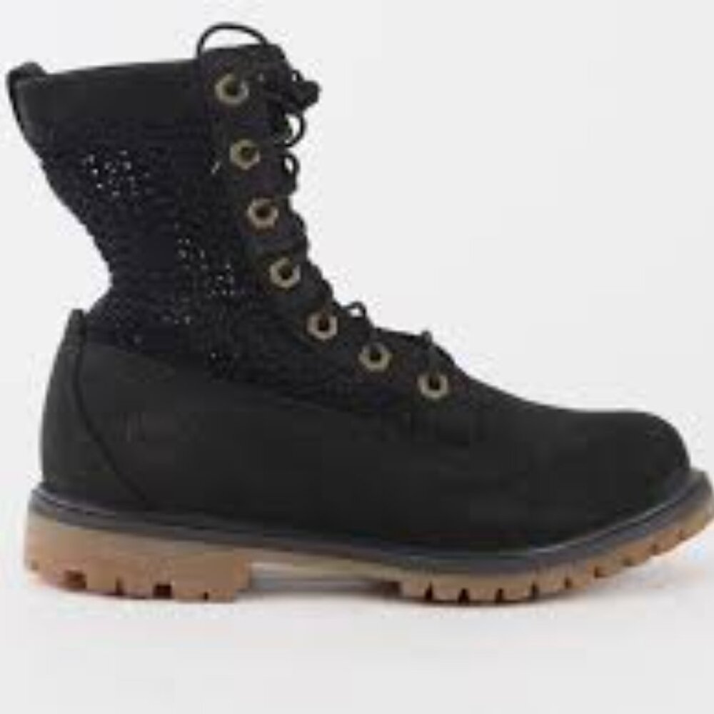 Timberland‎ Women's Black Open Weave Leather Ankle Classic Moto Boot Size 7.5